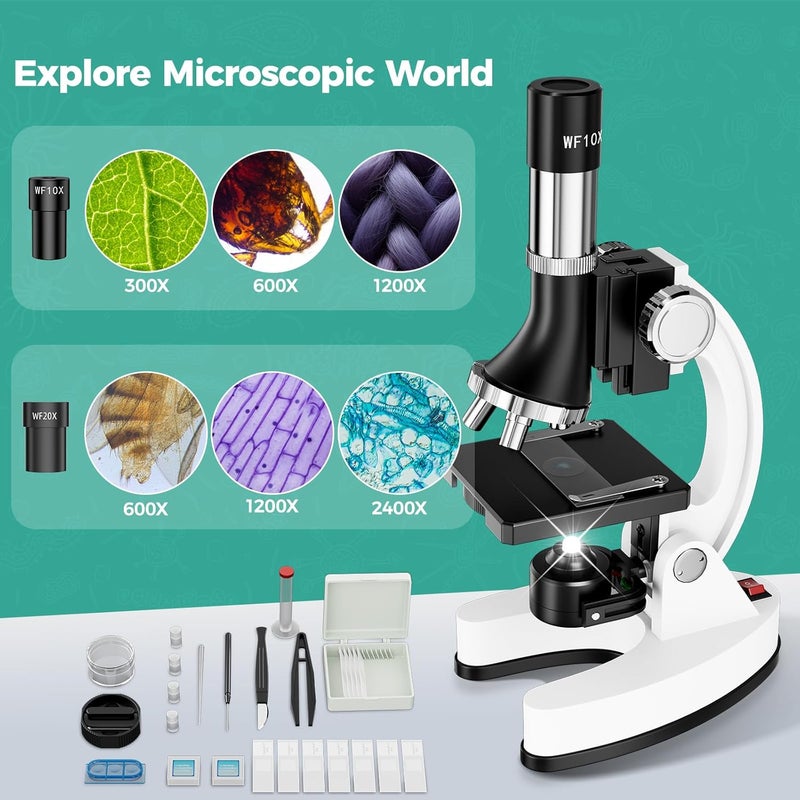 USCAMEL Kids Microscope Science Kit - 1200X Microscope for Kids 8-12 with Prepared Slides Metal Body LED Light Carrying Box Educational Compound Toy Set for Children Ages 5 Year Old Boys & Girls Gift - Image 2